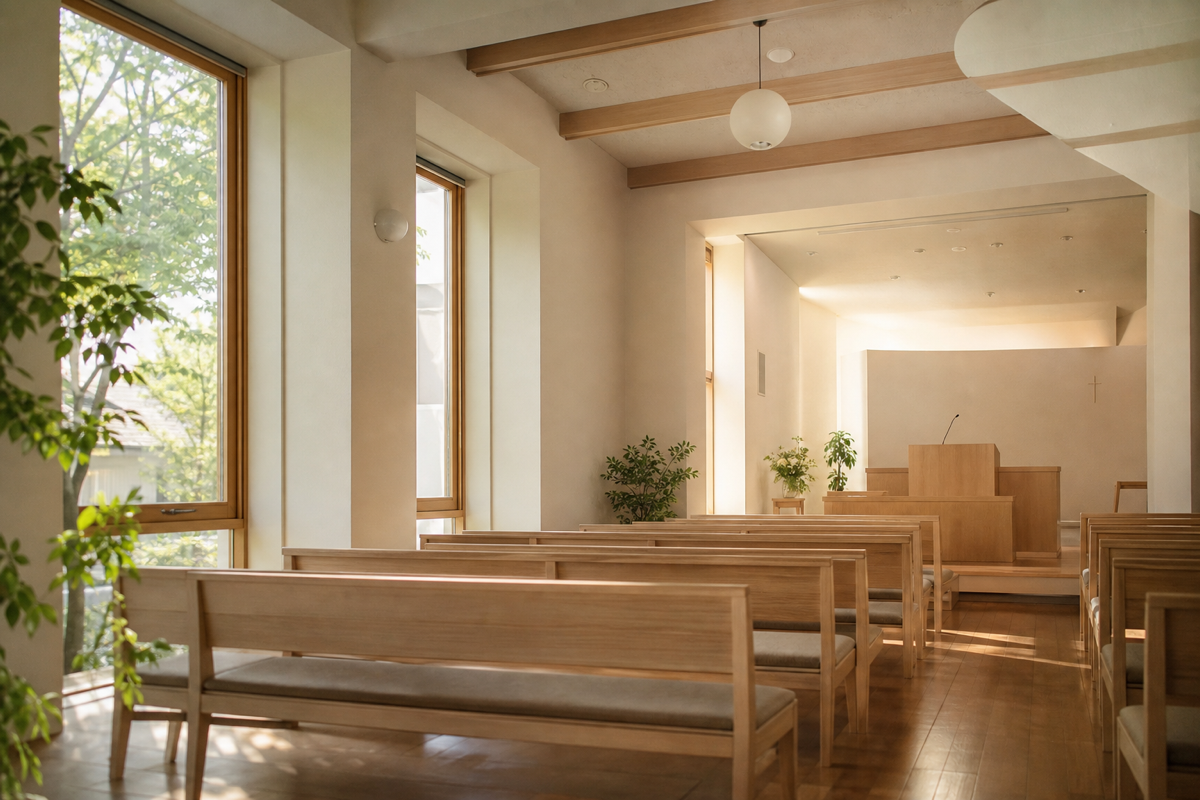 木の温もりと自然光に包まれた、地域教会の静かな礼拝堂