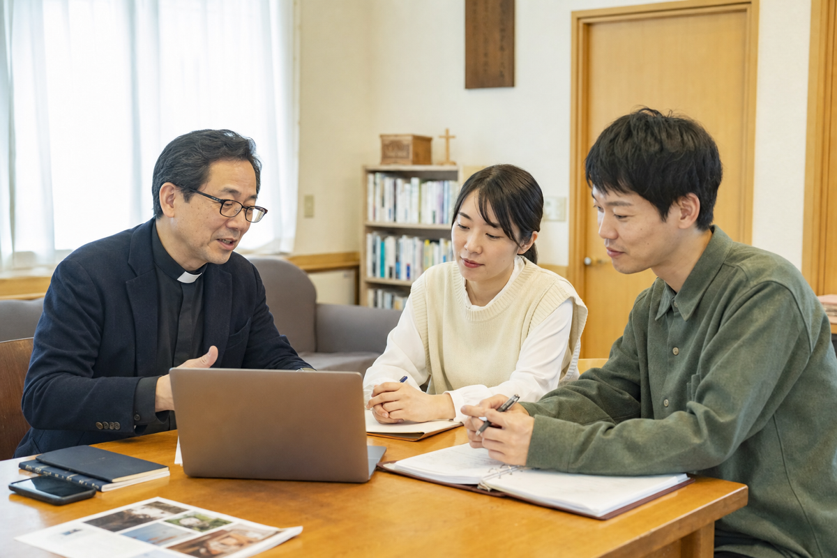 牧師と教会担当者がノートパソコンを囲み、ホームページについて話し合う様子